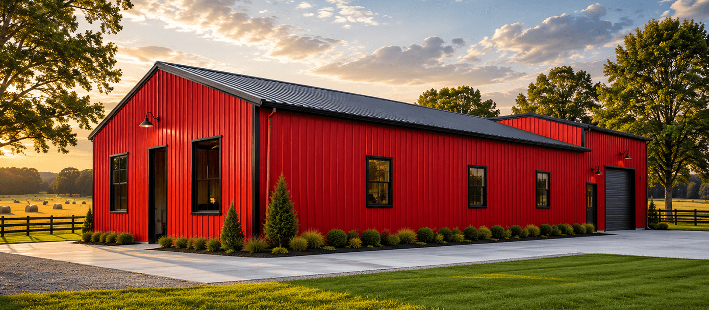 A finished steel building at dusk, with a wraparound porch and lit windows