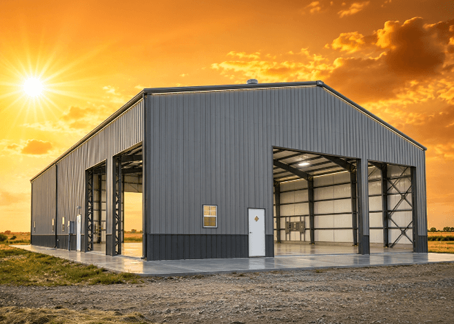 A large enclosed steel building with open roll-up doors, photographed at sunset