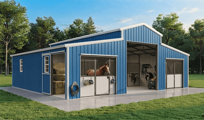 A red steel barn with a raised center aisle and roll-up doors