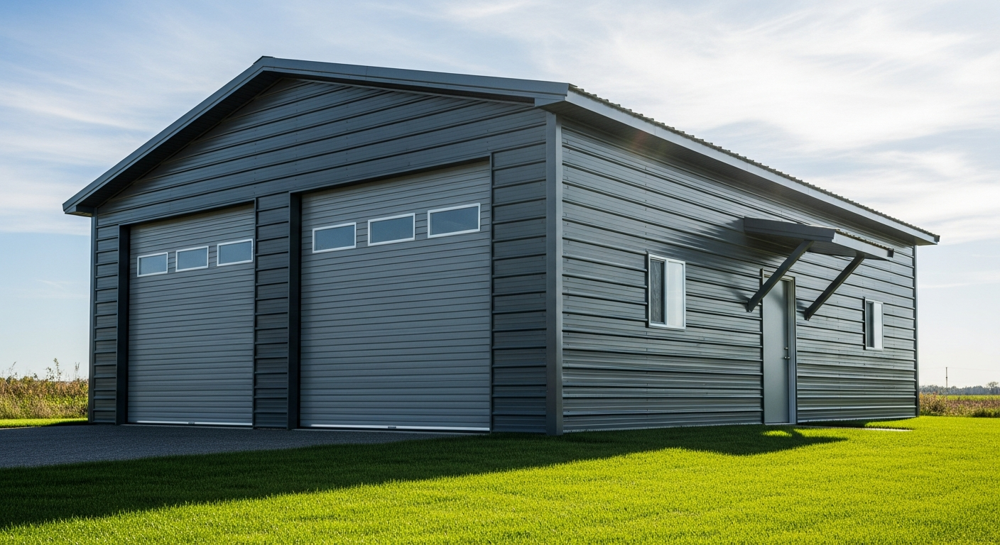A-frame horizontal metal garage installed on a residential lot