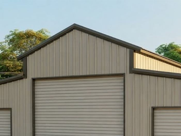 A-frame metal barn installed on a property near a home