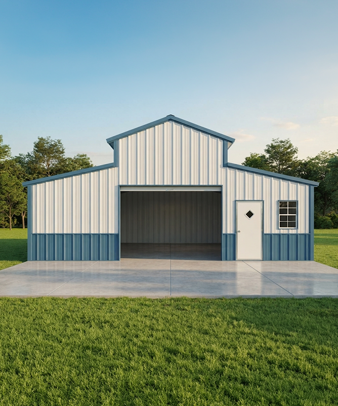 A-frame metal barn with a peaked boxed-eave roof beside a home