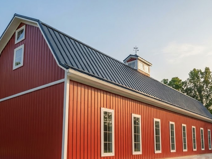 Gambrel metal barn delivered and installed on a rural property