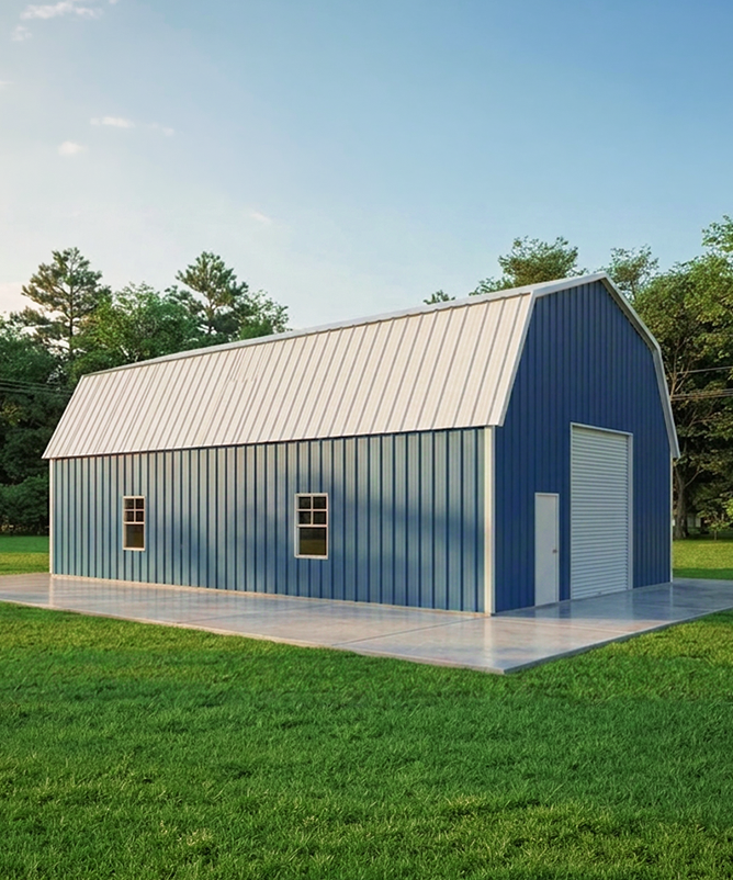 Classic gambrel metal barn with a dual-pitch loft roof