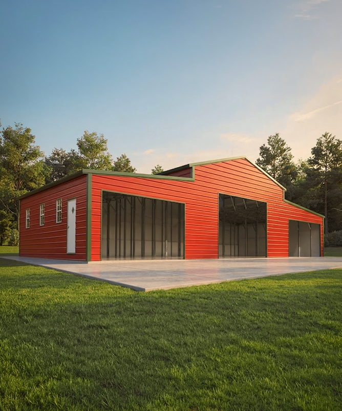 Steel horse barn with a center aisle and stalls