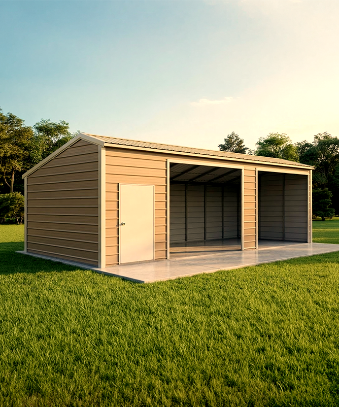 Open three-sided metal loafing shed in a pasture