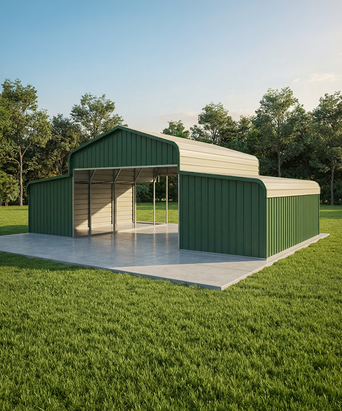 Regular-style metal barn with a rounded roof in a field