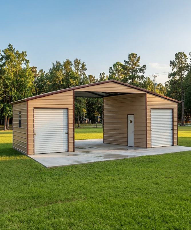 Straight-roof metal barn with a single continuous roofline