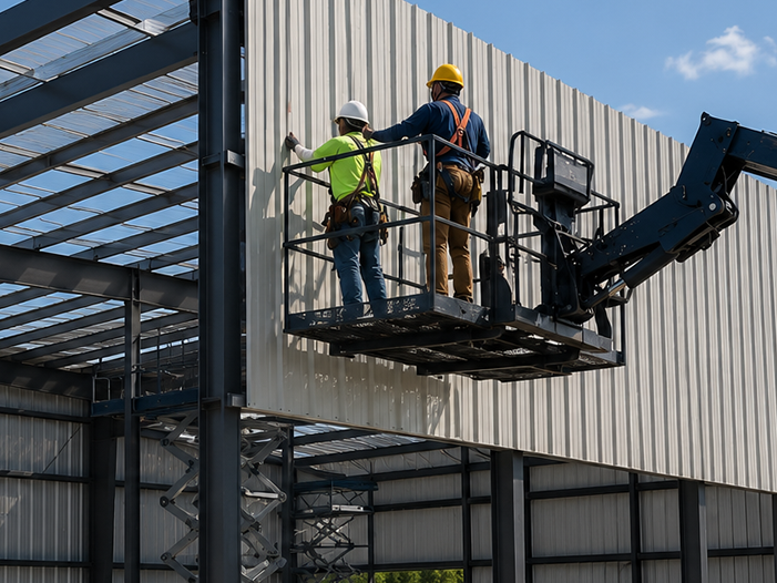 Crew fitting wall panels to a steel frame from a boom lift