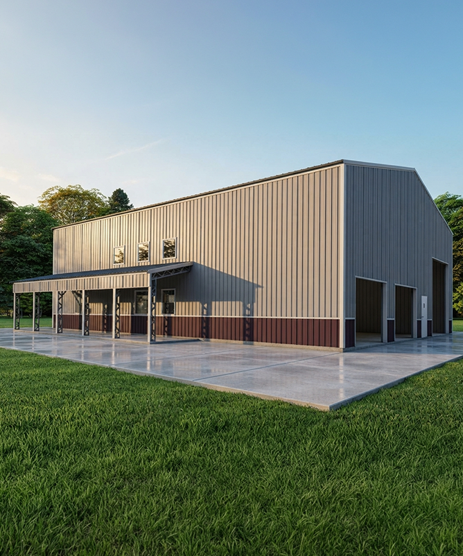 Large clear-span steel building with a covered lean-to along one side