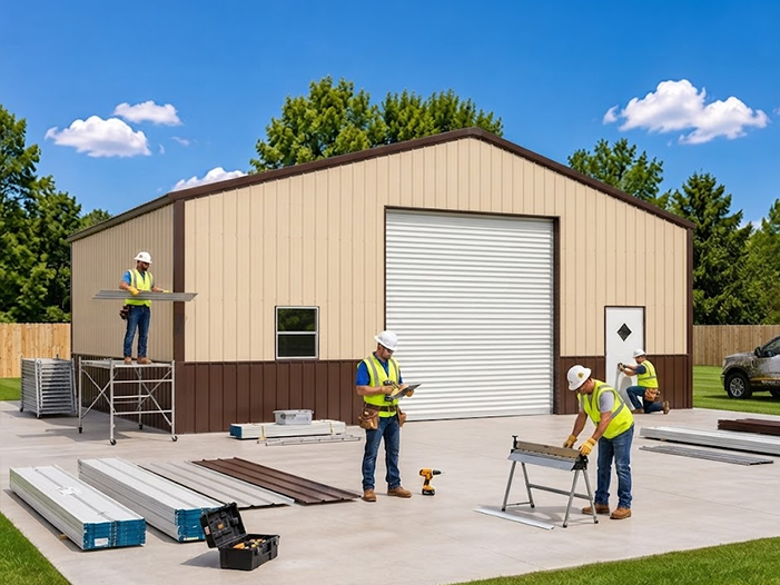 Crew fitting panels and trim on a commercial steel building