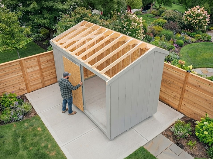Steel garden shed being installed on a prepared backyard site