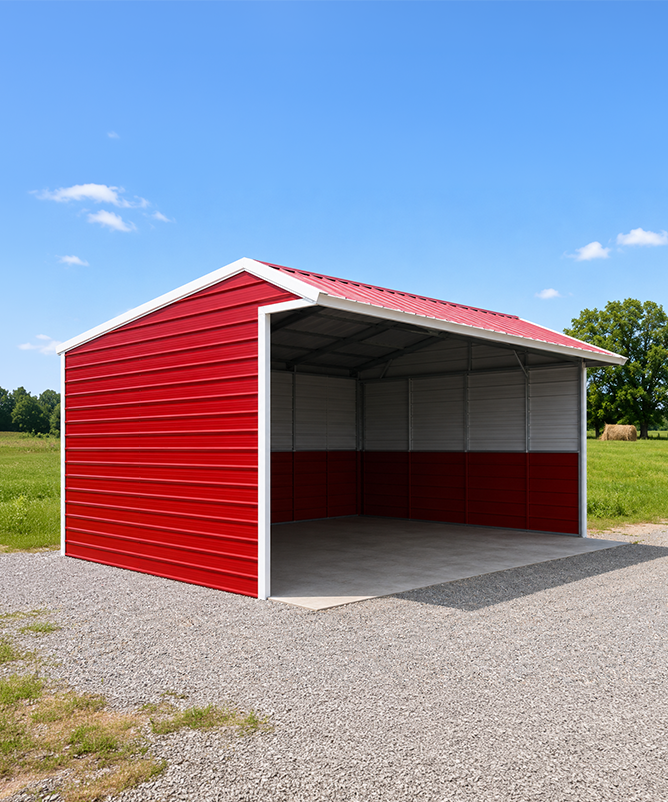 Red steel garden shed with an open front on a gravel pad