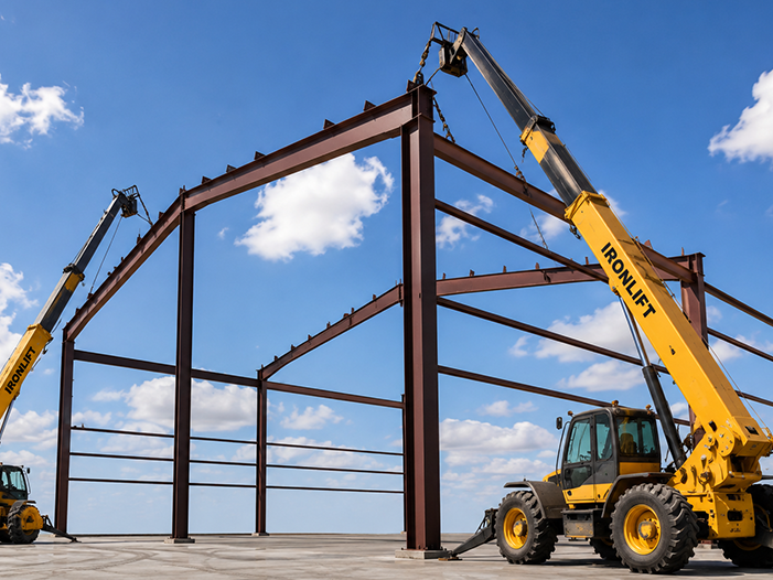 A red-iron rigid frame being raised into place by lifting equipment