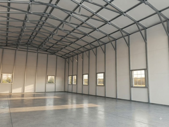 Interior of a finished steel building shell with insulated walls and windows