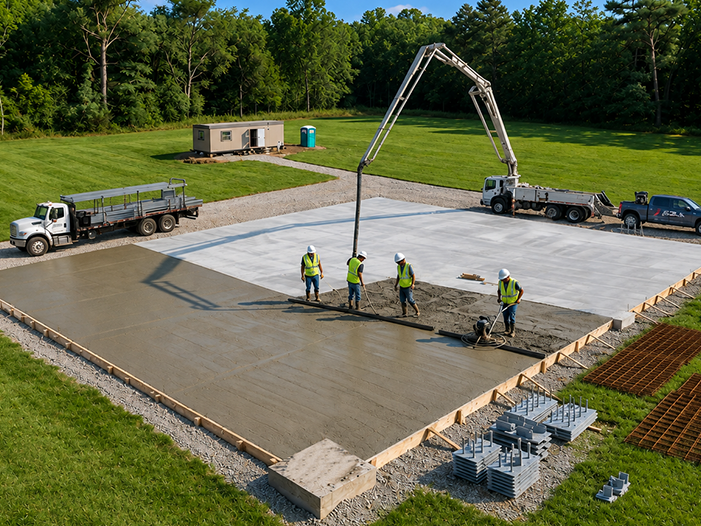 Concrete slab being poured and finished on a site ready for a steel warehouse