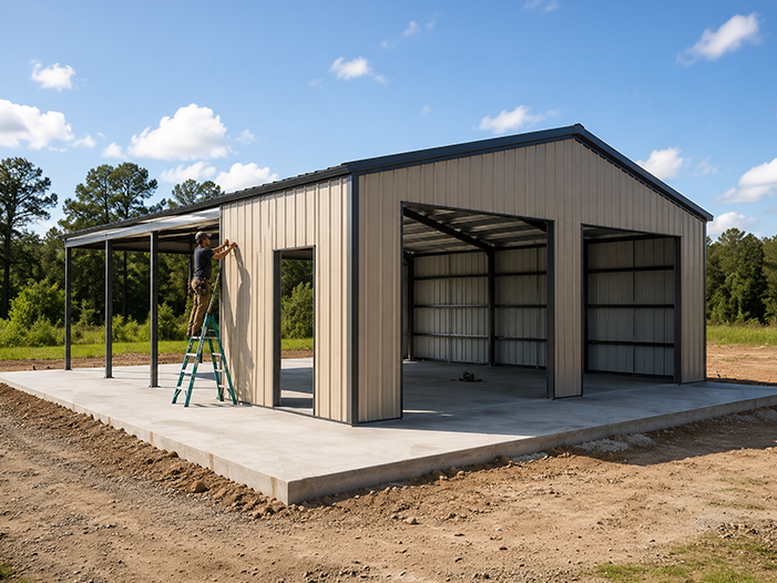 Steel workshop being finished on a poured slab