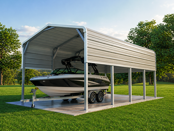 Boat on its trailer parked under a steel shelter with a closed back wall