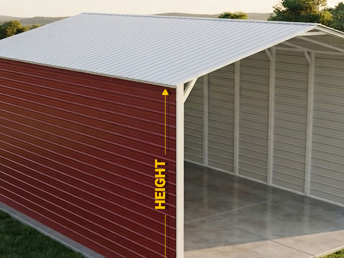 Steel RV cover with one closed side, its leg height marked from pad to eave