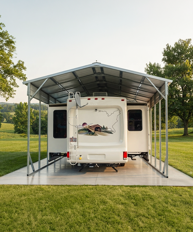 Tall steel RV cover sheltering a motorhome on a concrete pad
