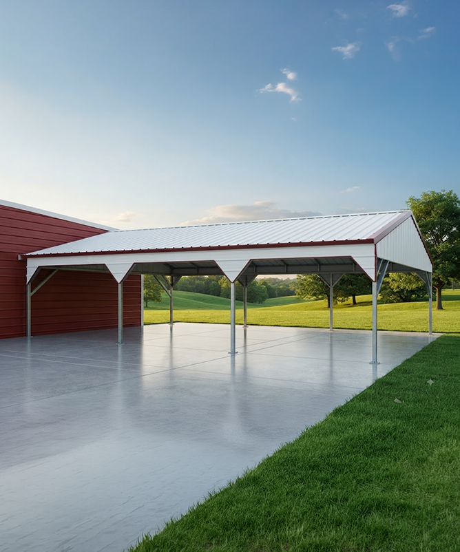Wide three-car metal carport with red trim on a poured concrete pad