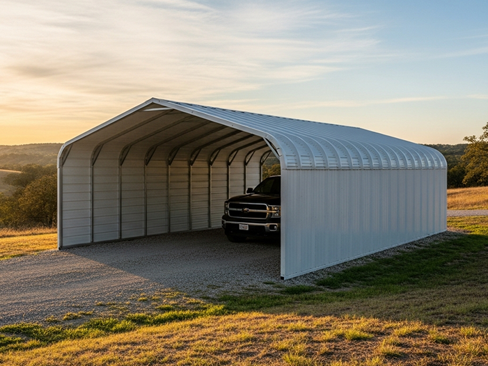 Vertical-roof two-car carport installed on a gravel site with a pickup under it
