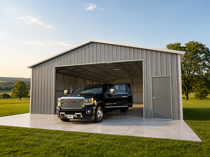 Single-car metal garage delivered and installed on a concrete pad