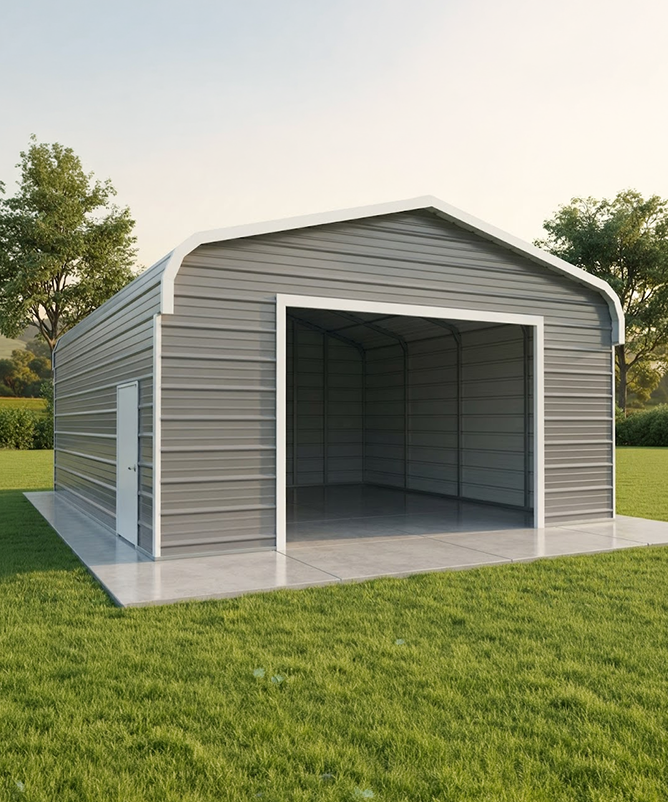 Enclosed single-car metal garage with a roll-up door on a residential lot