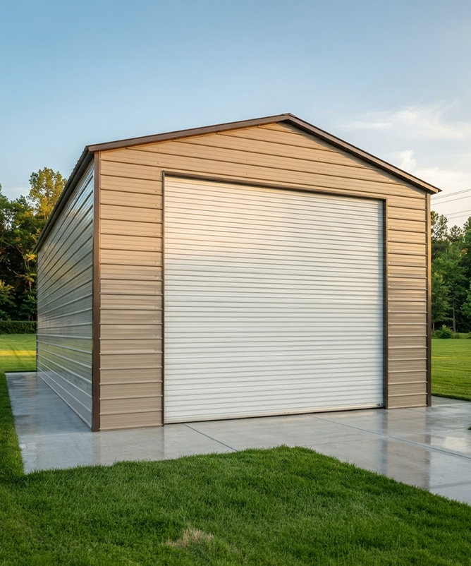 Tall enclosed metal RV garage with a full-height roll-up door and a motorhome inside