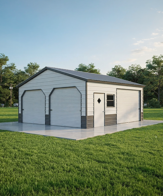 Enclosed two-car metal garage with two roll-up doors on a residential property